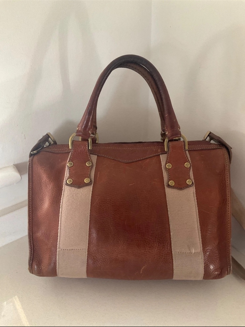 Mulberry Brown Leather and Beige Canvas Satchel - Picture 2 of 16